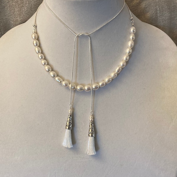 Madam Secretary Pearl and Tassel Necklace, Tea Leoni Necklace, Madam Secretary, Large Pearls and Large Tassels