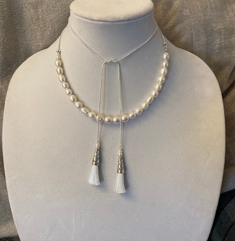 Madam Secretary Pearl and Tassel Necklace, Tea Leoni Necklace, Madam Secretary, Large Pearls and Large Tassels image 1