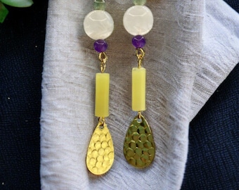 Lemon Jade, Mooonstone, Amethyst and Jade Earrings