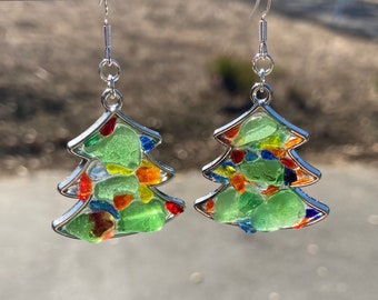 Genuine Sea Glass Christmas Earrings, Christmas Tree Earrings, Christmas Earrings, #3