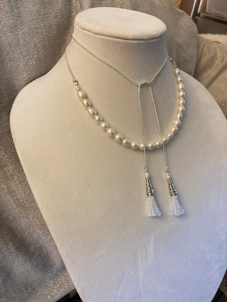 Madam Secretary Pearl and Tassel Necklace, Tea Leoni Necklace, Madam Secretary, Large Pearls and Large Tassels image 3