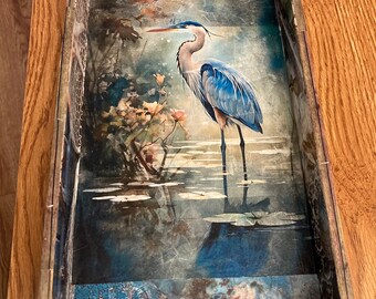 Decoupage Blue Heron Wooden Tray