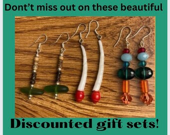 Glass and Wood Earrings, Dentalium Shell and Coral Earrings, Swarovski and Glass Earrings, Set of 3 Pairs