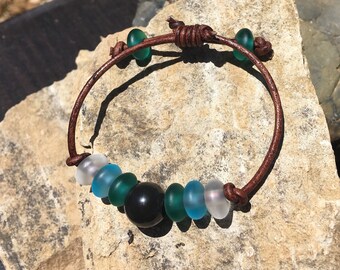 Obsidian, Sea Glass and Leather Bracelet