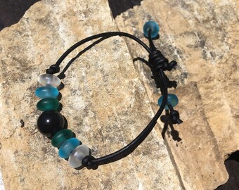 Obsidian, Sea Glass and Leather Bracelet