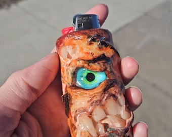 War Monster gory creepy handmade polymer clay and metal lighter case / sleeve /cover | heavy duty metal lighter case | bic lighter case