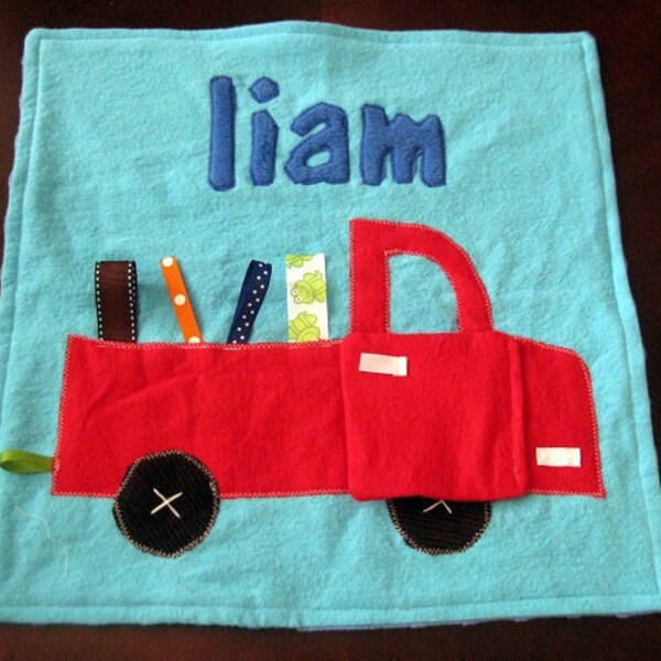 Personalized Truck Lovey with Crinkle Door and Minky Dot Backing