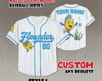Gepersonaliseerde honkbaljersey kleine zeemeermin bot, Ariel Flounder Sport-jersey, zeemeermintrui Seashell, bijpassende reisoutfit Disney