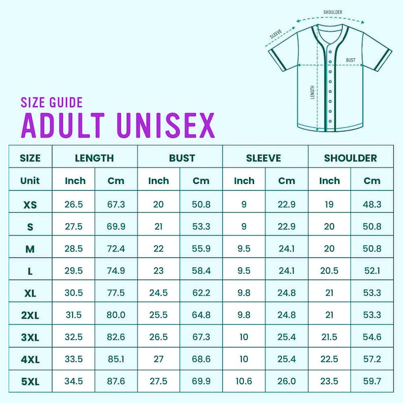 Op de afbeelding: Maattabel voor unisex kleding voor volwassenen, metingen in inches en centimeters. Inclusief lengte, borst, mouw en schouder afmetingen voor maten XS tot 5XL. Een diagram van een jersey shirt is ook inbegrepen.