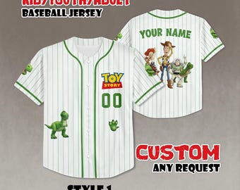 Aangepaste Disney Toy Story Rex Baseball, aangepaste kinderen jeugd volwassen Disney honkbaltrui sportoutfits leuke cadeaus voor fan Disney, aangepaste jersey