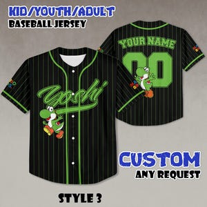 May include: Black baseball jersey with green pinstripes, featuring the word "Yoshi" in green script and a cartoon Yoshi character. The back has "YOUR NAME" and the number "20" in green. The jersey is for kids, youth, and adults.