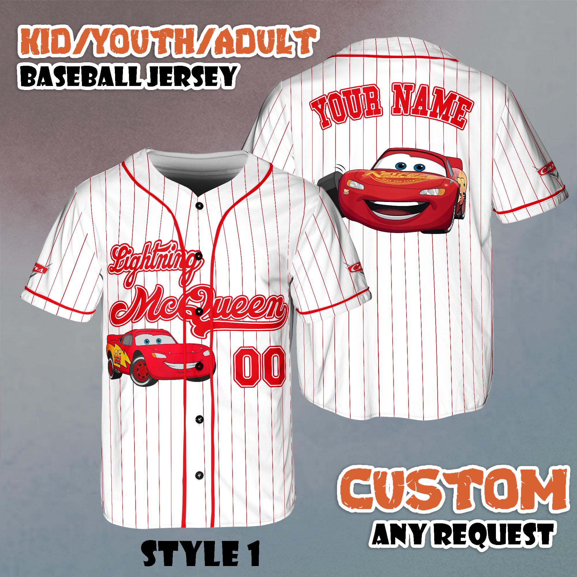 Discover Custom Cars Lightning Mcqueen Baseball Jersey, Personalized Disney Cars Land, Disney Cars Baseball Team Outfit