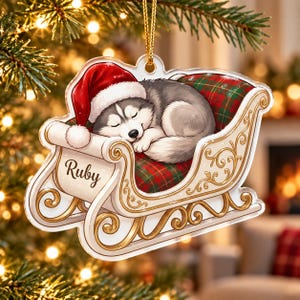 Personalized Husky Puppy Ornament, Ruby Dog Christmas Sleigh, Custom Pet Name Xmas Decoration, Sleeping Dog Lover Gift