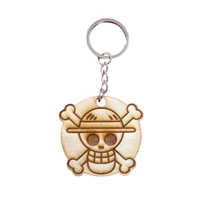Puede incluir: Llavero de madera con un colgante circular con un diseño de bandera pirata. El diseño incluye una calavera con un sombrero de paja y huesos cruzados. El llavero tiene un anillo y una cadena de metal plateado.