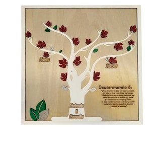 Puede incluir: Arte mural de árbol genealógico de madera con un diseño de árbol blanco, hojas rojas y verdes, y nombres en letras doradas. Incluye texto de Deuteronomio 6.