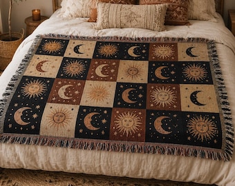 Boho Sun Moon Celestial Checkerboard Woven Blanket | Astrology Tapestry Throw, Witchy Home Decor