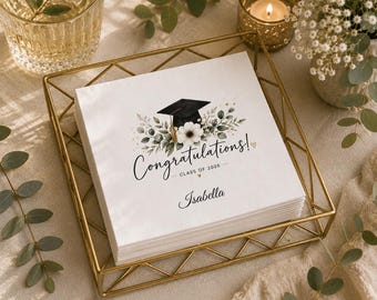 Personalized Graduation Napkins | Class of 2026 Watercolor Grad Cap Floral Party Decor