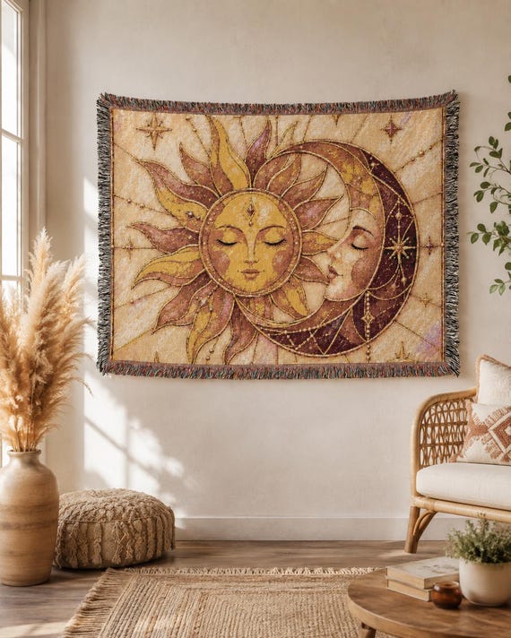Celestial Sun and Moon Blanket | Boho Astrology Throw, Mystical Tapestry, Witchy Decor