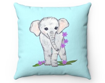 Baby Elephant Pillow Turquoise Blue  Square Throw Pillow with Insert Nursery Kids Dorm Rooms