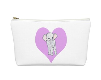 White Baby Elephant Pink Heart Accessory Pouch w T-bottom