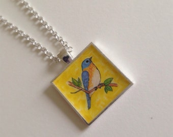 Bluebird Of Happiness, Blue Bird, Bluebird painting, Animal, Art Pendant, Jewelry, Charm, square