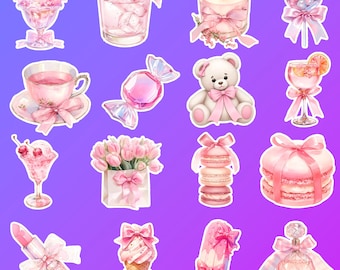 Pink Coquette Sticker Pack – Cute Girly Aesthetic Stickers, Teddy Bear, Bows, Macarons, Pastel Laptop & Planner Decals