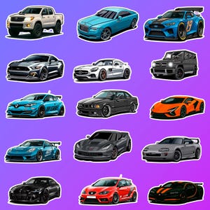 Puede incluir: Una colección de pegatinas de coches de colores, que incluye una camioneta blanca, un Rolls-Royce azul, un coche de carreras azul y negro, un Mustang plateado, un Mercedes blanco, un SUV negro, un Renault azul, un BMW negro y un coche deportivo naranja.