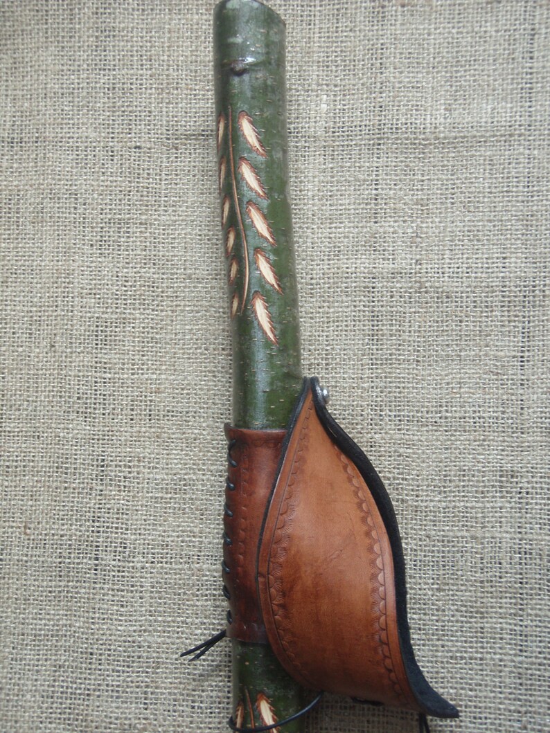 Walking Stick Hand Carved Wood Vine and Leaf Leather Grip and Etsy