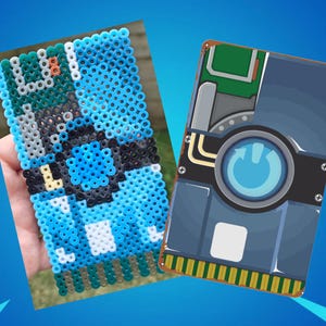 Può includere: Due creazioni di pixel art. Uno è un personaggio blu e nero realizzato con piccole perline. L'altro è un design rettangolare grigio e verde con un simbolo di pulsante di accensione circolare.