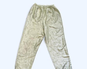 Green floral satin lounge pants with elastic waistband M