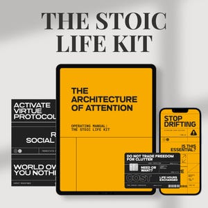 May include: A digital product bundle titled "The Stoic Life Kit" featuring a tablet, smartphone, and two cards. The tablet displays "The Architecture of Attention." The smartphone shows "Stop Drifting." The cards have text like "Activate Virtue Protocol."