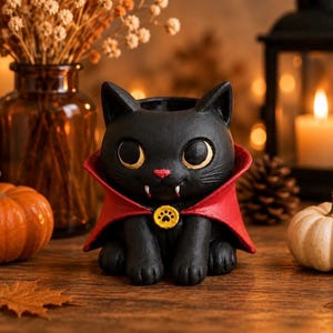 May include: A black cat figurine with large eyes, a pink nose, and white fangs, wearing a red cape with a yellow paw print clasp. The cat has a hollow opening at the top, functioning as a small planter or container, and is crafted with a smooth finish.