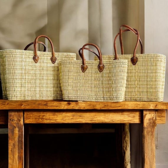 Handmade Woven Straw Market Tote – French Shopper with Leather Handles