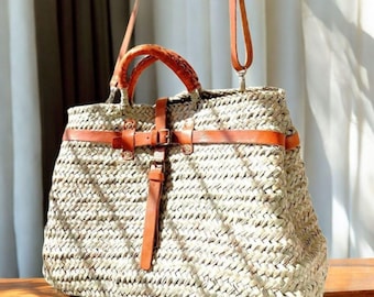 Handgefertigter marokkanischer Palmenkorb – Boho-Ledertasche