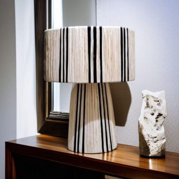Handmade Raphia Table Lamp – Bohemian Chic Black Stripe Design