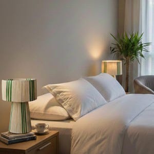 Puede incluir: Una escena de dormitorio con una cama con s&aacute;banas y almohadas blancas. Se ven dos l&aacute;mparas de noche con pantallas color crema y rayas verdes. Una peque&ntilde;a planta y una taza de caf&eacute; completan la escena. Las l&aacute;mparas miden unos 38 cm de alto.