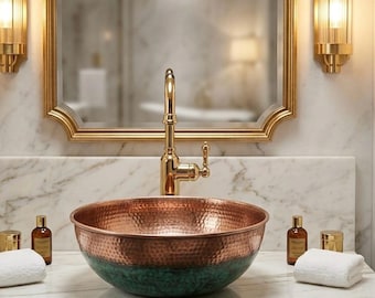 Lavabo de cobre hecho a mano – Lavabo con pátina verde martillada – Lavabo rústico para baño – Lavabo de lujo artesanal