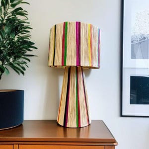 K&ouml;nnte beinhalten: Eine dekorative Tischlampe mit einem zylindrischen Lampenschirm und einem konischen Sockel. Die Lampe besteht aus naturfarbenem Material mit vertikalen Streifen in Gr&uuml;n, Rot, Gelb und Lila. Die Lampe steht auf einer Holzoberfl&auml;che.