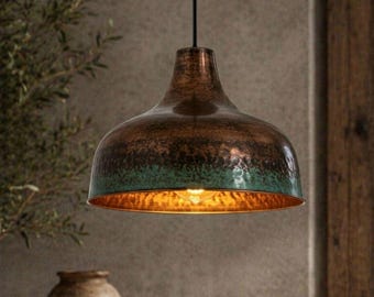 Red Copper Pendant Light, Green Patina Kitchen Island Lighting, Hammered Moroccan Lamp, Rustic Farmhouse Ceiling Fixture, Verdigris