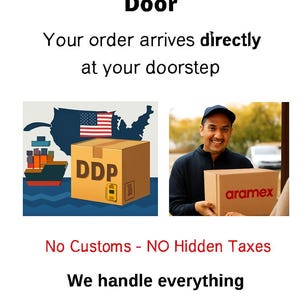 K&ouml;nnte beinhalten: Werbung f&uuml;r T&uuml;r-zu-T&uuml;r-Versand mit dem Text "DDP Shipping - Door to Door". Das Bild zeigt ein Frachtschiff, einen Karton mit "DDP" und eine Person, die einen Karton mit "aramex" liefert.