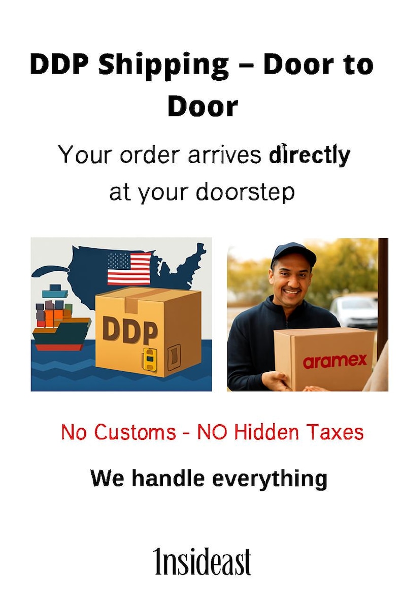 K&ouml;nnte beinhalten: Werbung f&uuml;r T&uuml;r-zu-T&uuml;r-Versand mit dem Text "DDP Shipping - Door to Door". Das Bild zeigt ein Frachtschiff, einen Karton mit "DDP" und eine Person, die einen Karton mit "aramex" liefert.