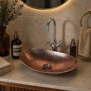 Handmade Hammered Copper Bathroom Sink – Oval Vessel Vanity Basin, Rustic Farmhouse Washbasin, Unlac