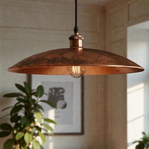 Peut inclure: Un luminaire suspendu de couleur cuivre avec un abat-jour large et peu profond. La lumière a une ampoule de style vintage et un cordon noir. Le luminaire est suspendu au plafond et l'abat-jour a une finition texturée.