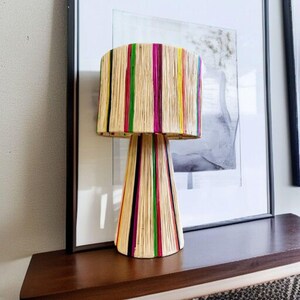 K&ouml;nnte beinhalten: Eine dekorative Tischlampe mit einem zylindrischen Lampenschirm und einem konischen Sockel. Die Lampe besteht aus naturfarbenem Material mit vertikalen Streifen in Rosa, Gr&uuml;n, Gelb und Schwarz. Die Lampe steht auf einer dunkelbraunen Oberfl&auml;che.