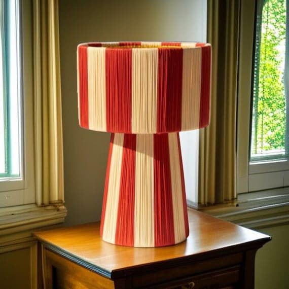 Handmade Raphia Table Lamp – Red and Cream Boho Decor