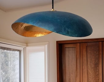 Blue Patina Copper Pendant Light, Horizontal Modern Chandelier, Handmade Luxury Dining Table Ceiling Lamp
