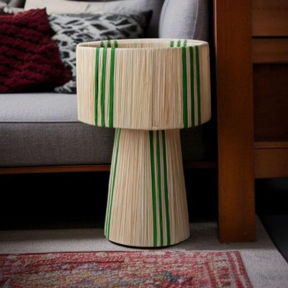 Handmade Raffia Table Lamp, Moroccan Boho Decor, Green Stripe