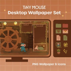 May include: A desktop wallpaper set featuring a cartoon mouse theme. The design includes a computer screen with a mouse character, folders, and icons. The color palette is warm, with shades of brown and green. Text on the image reads "Tiny Mouse Desktop Wallpaper Set" and "PNG Wallpaper & Icons."
