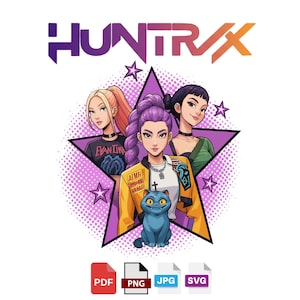May include: A digital illustration featuring three stylized female figures within a star-shaped frame. The image includes the word "HUNTRX" in purple and orange, along with a blue cat and various stars. The color palette is dominated by purple, yellow, and green.