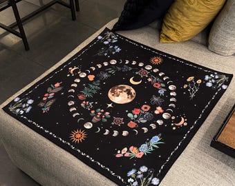 Moon Phase Altar Cloth – Floral Celestial Tarot Mat, Witchy Decor 29 inches Square